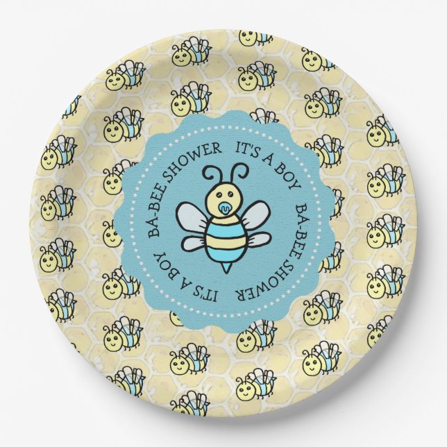 Blue Honey Bee Boy's Baby Shower Pappteller (Vorderseite)