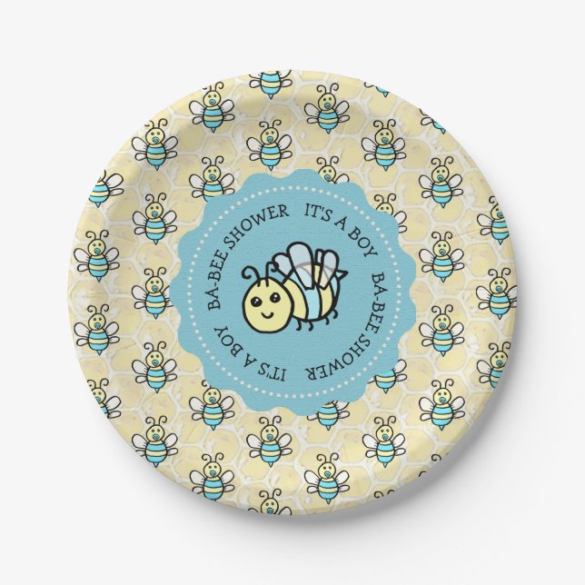 Blue Honey Bee Boy's Baby Shower Pappteller (Vorderseite)