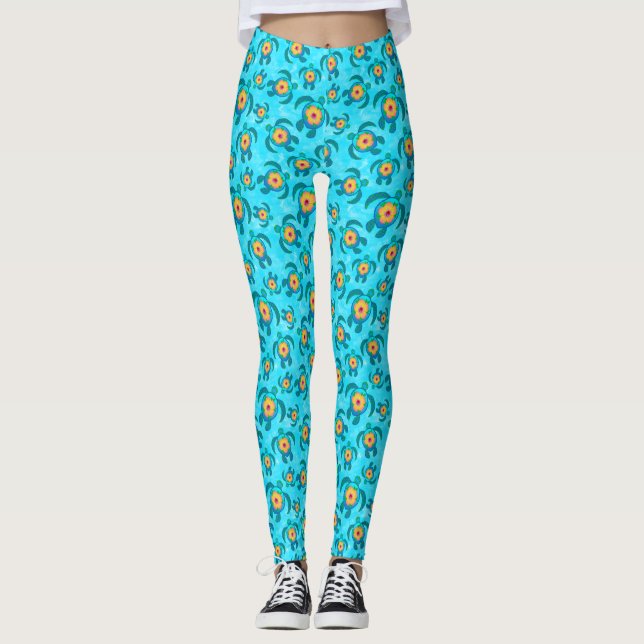 Blue Honu Sea Turtles Hibiscus Flowers Leggings (Vorderseite)