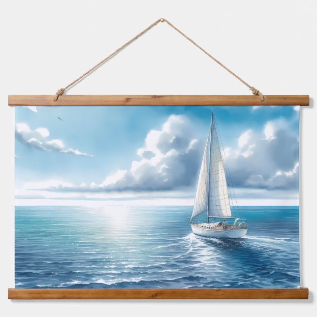 Blue Horizon Solitary Sailboat Wandteppich Mit Holzrahmen (Vorne)