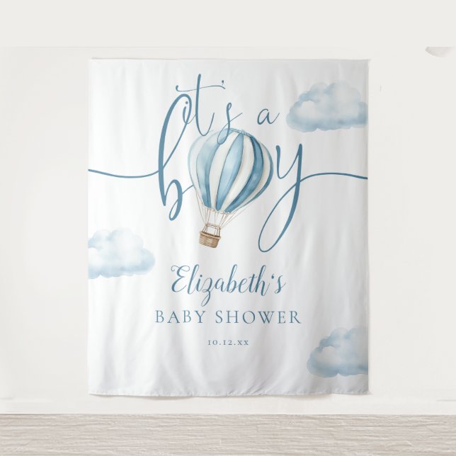 Blue Hot Air Ballon Baby Dusche Foto Hintergrund Wandteppich (Vorderseite)