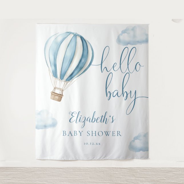 Blue Hot Air Ballon Baby Dusche Foto Hintergrund Wandteppich (Vorderseite)