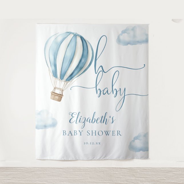 Blue Hot Air Ballon Baby Dusche Foto Hintergrund Wandteppich (Vorderseite)