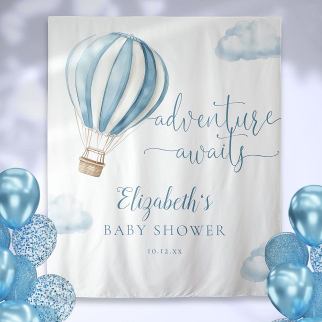 Blue Hot Air Ballon Baby Dusche Foto Hintergrund Wandteppich (Blue Hot Air Balloon Baby Shower Photo Backdrop)