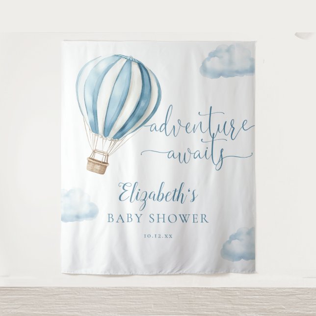 Blue Hot Air Ballon Baby Dusche Foto Hintergrund Wandteppich (Vorderseite)