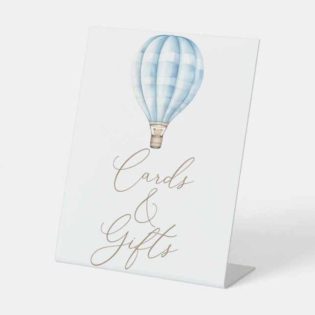 Blue Hot Air Ballon Baby Duschkarten und Geschenke Sockelschild (Vorderseite)