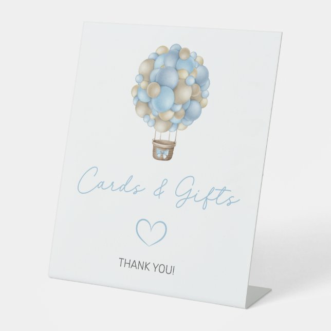 Blue Hot Air Ballon Baby Duschkarten und Geschenke Sockelschild (Vorderseite)