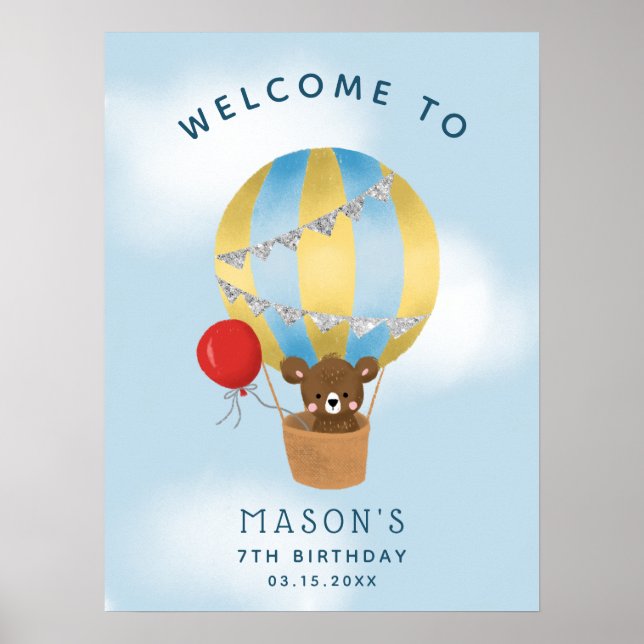 Blue Hot Air Ballon Birthday Party Willkommenszeic Poster (Vorne)