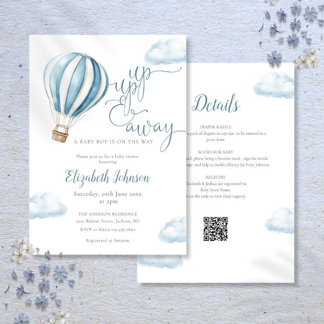 Blue Hot Air Ballon Boy All in one Baby Dusche Einladung (Blue Hot Air Balloon Boy All In One Baby Shower Invitation)