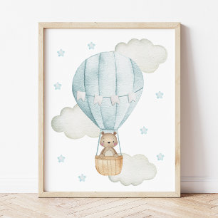 Blue Hot Air Ballon, Tiere, Bären, Junge Kinderzim Poster