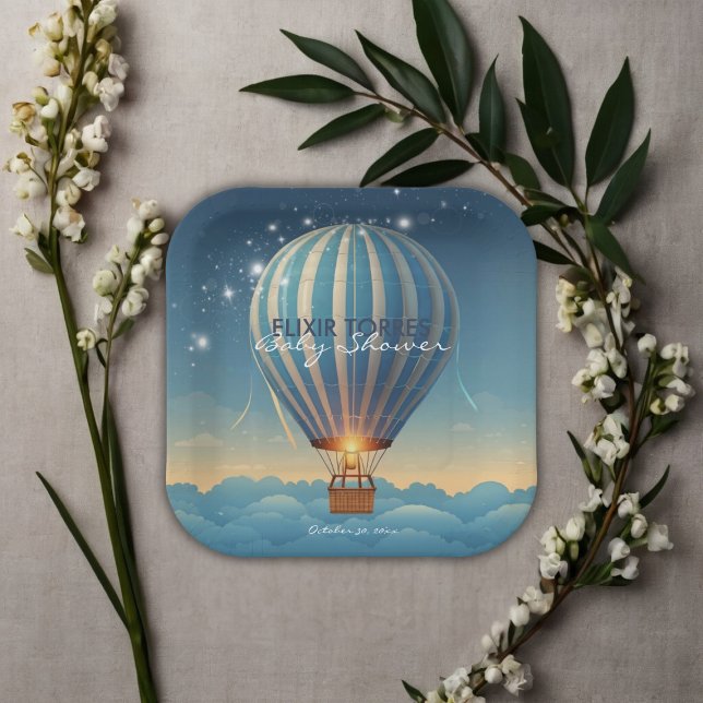 Blue Hot Air Balloon Adventure erwartet Baby Showe Pappteller (Von Creator hochgeladen)