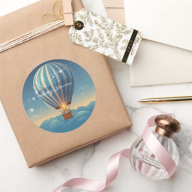 Blue Hot Air Balloon Adventure erwartet Baby Showe Runder Aufkleber (Schenken)