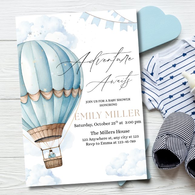 Blue Hot Air Balloon Baby Showeinladung, Boy Baby Einladung (Von Creator hochgeladen)