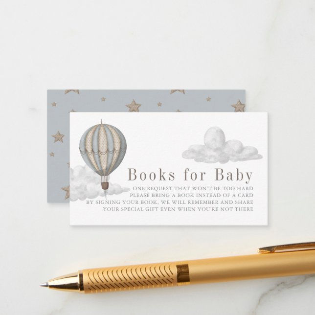 Blue Hot Air Balloon Baby Shower Book Request Begleitkarte (Vorderseite/Rückseite Beispiel)