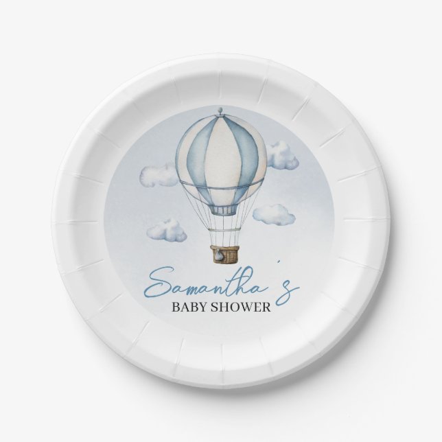 Blue Hot Air Balloon Baby Shower Paper Plate Pappteller (Vorderseite)