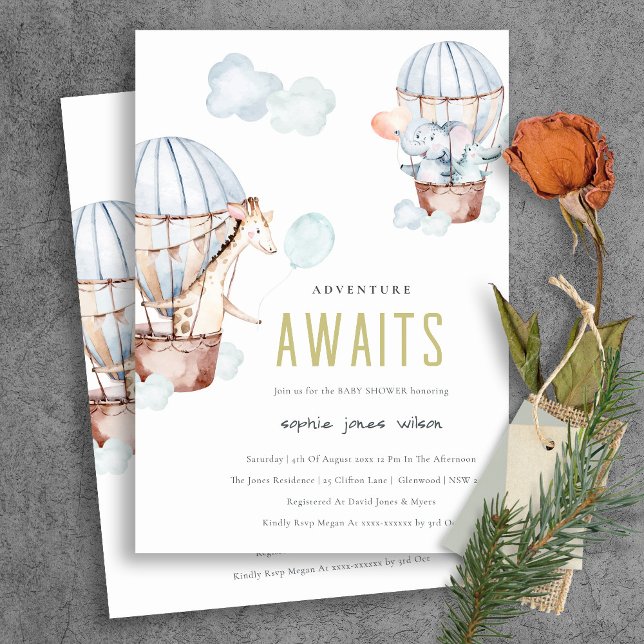 Blue Hot Air Balloon Safari Animals Baby Dusche Einladung (Von Creator hochgeladen)