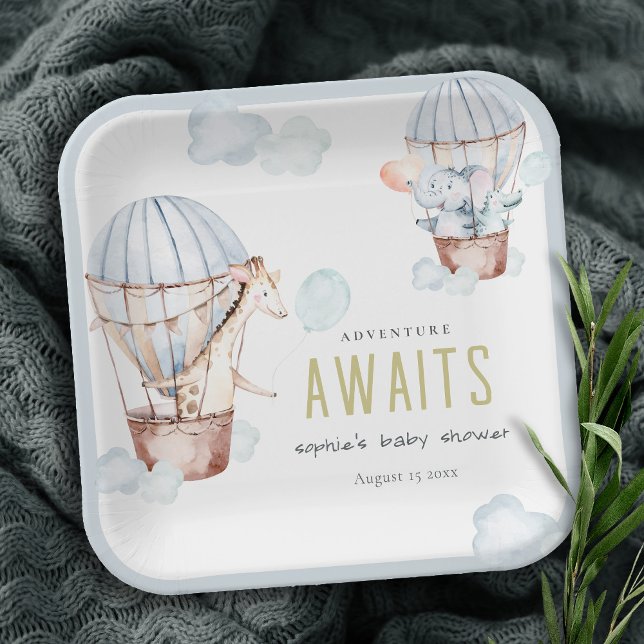 Blue Hot Air Balloon Safari Animals Baby Dusche Pappteller (Von Creator hochgeladen)