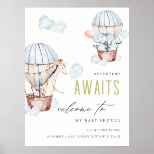 Blue Hot Air Balloon Safari Animals Baby Dusche Poster