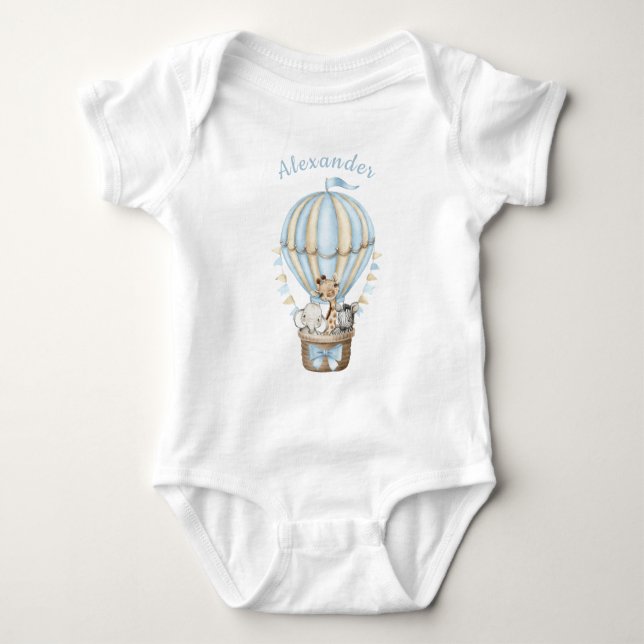 Blue Hot Air Balloon Safari Tiere Baby Bodysuit Baby Strampler (Vorderseite)