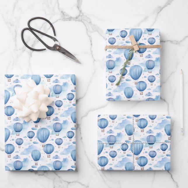 Blue Hot Air Balloon Sky for Baby Boy Nursery Geschenkpapier Set (Vorderseite)
