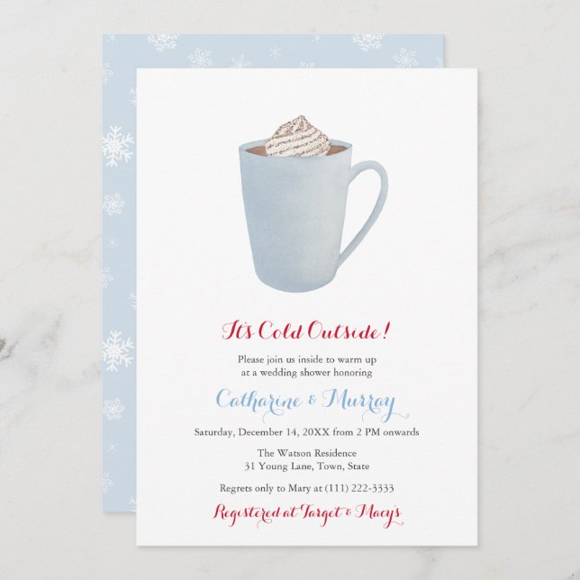Blue Hot Cocoa Tasse Co-Ed Wedding oder Babydusche Einladung (Vorne/Hinten)