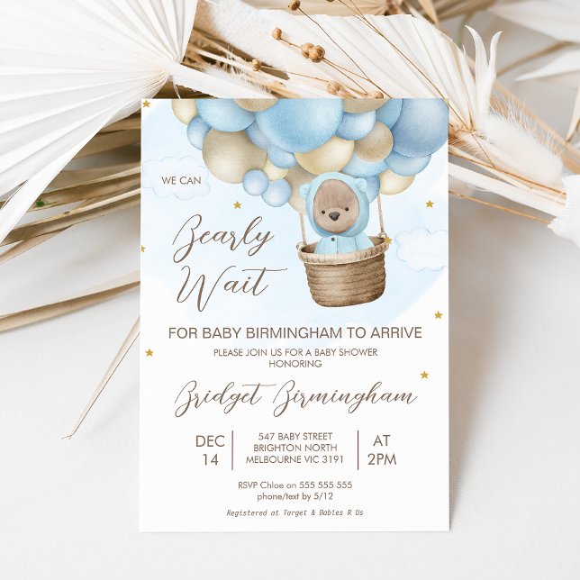 Blue Hotair Ballon Bearly Wait Baby Dusche Einladung (Boy's blue beige hotair balloon bearly wait for baby to arrive baby shower invitation.)