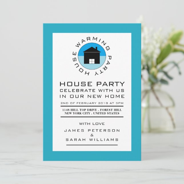 Blue House Logo, Party zur Wohnungsaufwärmung, Par Einladung (Stehend Vorderseite)