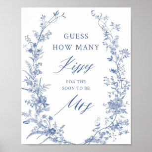 Blue How many Kisses Brautparty Game Poster