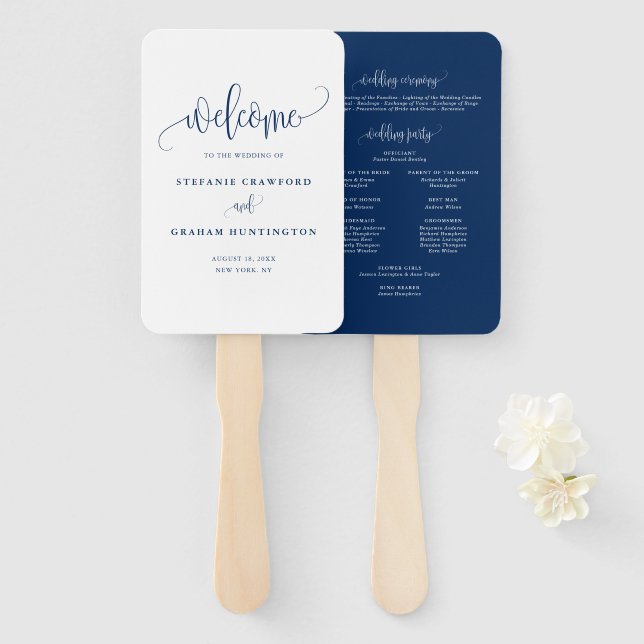 Blue Hübsch Calligraphy Script Wedding Program Fächer (Vorne und Hinten)
