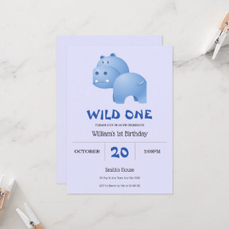 Blue Hungry Hippo 1st Birthday Invitation Einladung