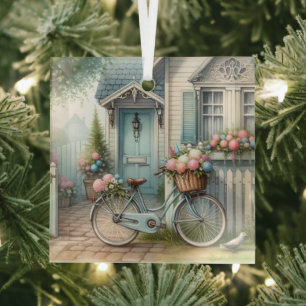 Blue Hütte Bike mit Spring Blume Basket Ornament Aus Glas