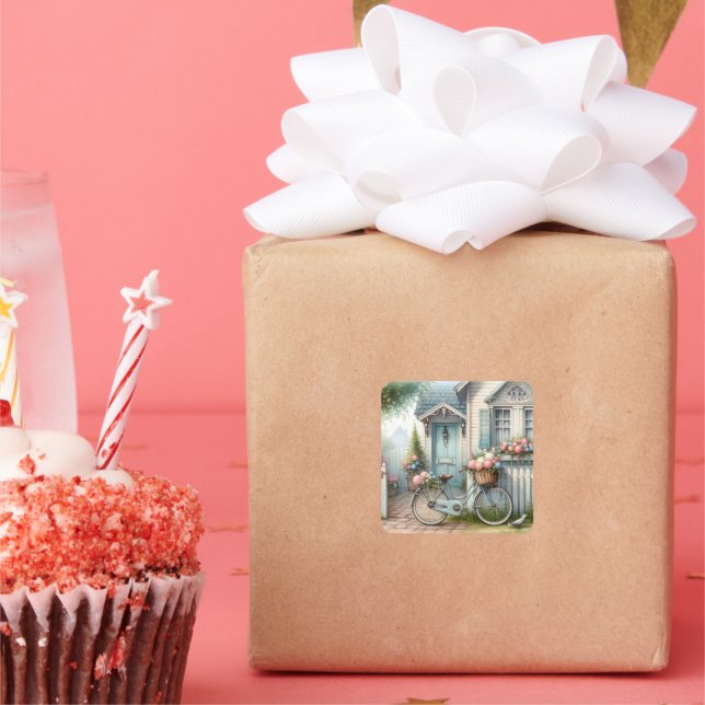 Blue Hütte Bike mit Spring Blume Basket Quadratischer Aufkleber (Party)