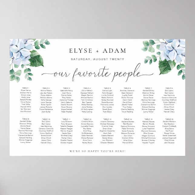 Blue Hydrangea 16 Tabelle Seating Chart Poster (Vorne)