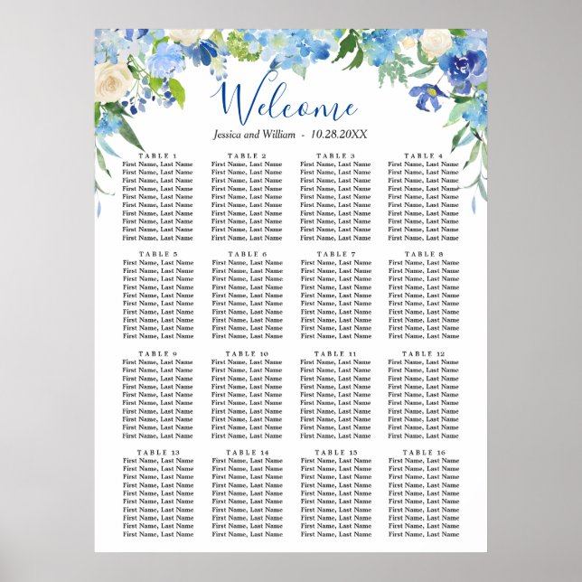 Blue Hydrangea 16 Tische Hochzeitszettel Poster (Vorne)