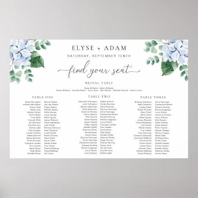 Blue Hydrangea 3 Banquet Seating Chart Fotoparte Poster (Vorne)