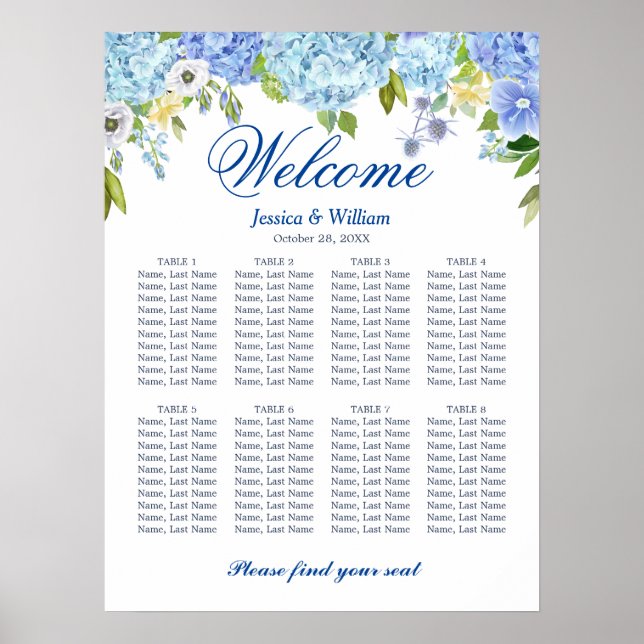 Blue Hydrangea 8 Tische Hochzeitszettel Poster (Vorne)
