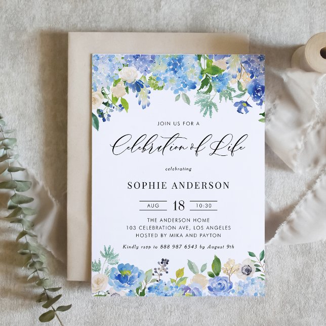 Blue Hydrangea and Ivory Rose Celebration of Life Einladung (Blue Hydrangea and Ivory Rose Watercolor Memorial Invitation with Greenery Accents)