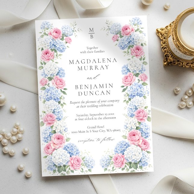 Blue Hydrangea and Pink Rose Floral Garden Wedding Einladung (Von Creator hochgeladen)
