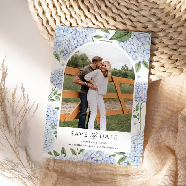 Blue Hydrangea Arched Foto Save the Date Einladung (Beautiful Hydrangea Save the Date with Your Photo)