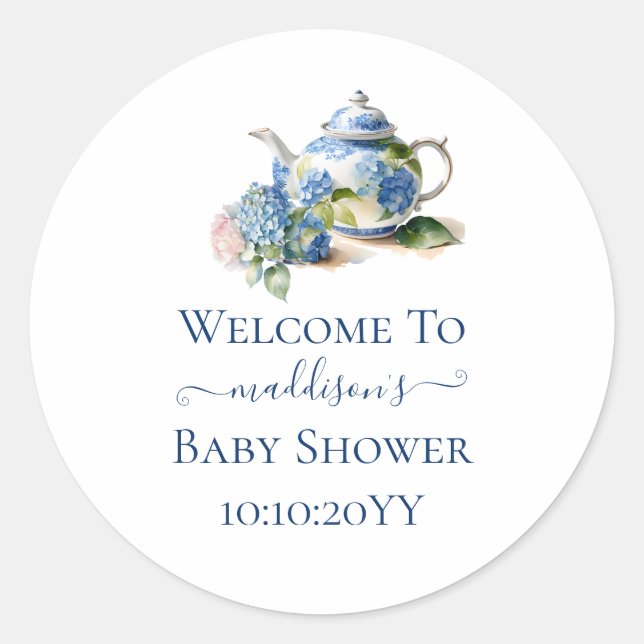Blue Hydrangea Baby Dusche Tee Party Runder Aufkleber (Vorderseite)