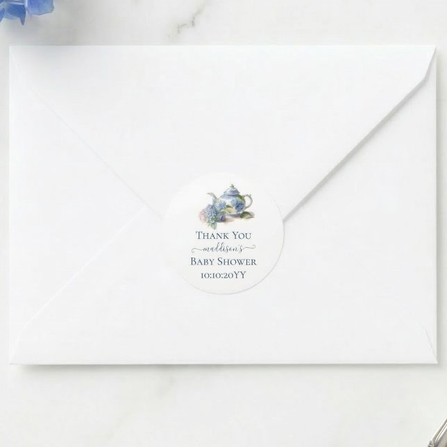 Blue Hydrangea Baby Shower Tee Party Vielen Dank Runder Aufkleber (Von Creator hochgeladen)