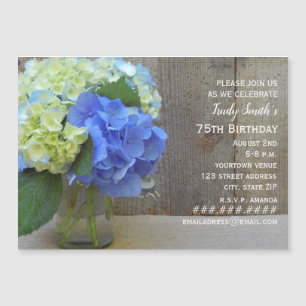 Blue Hydrangea Barnwood Mason Jar Mature Birthday Magneteinladung