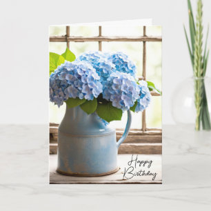 Blue Hydrangea Birthday Bouquet in Window Karte