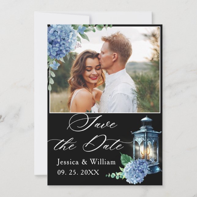 Blue Hydrangea Black Classic Lantern Foto Wedding Save The Date (Vorderseite)