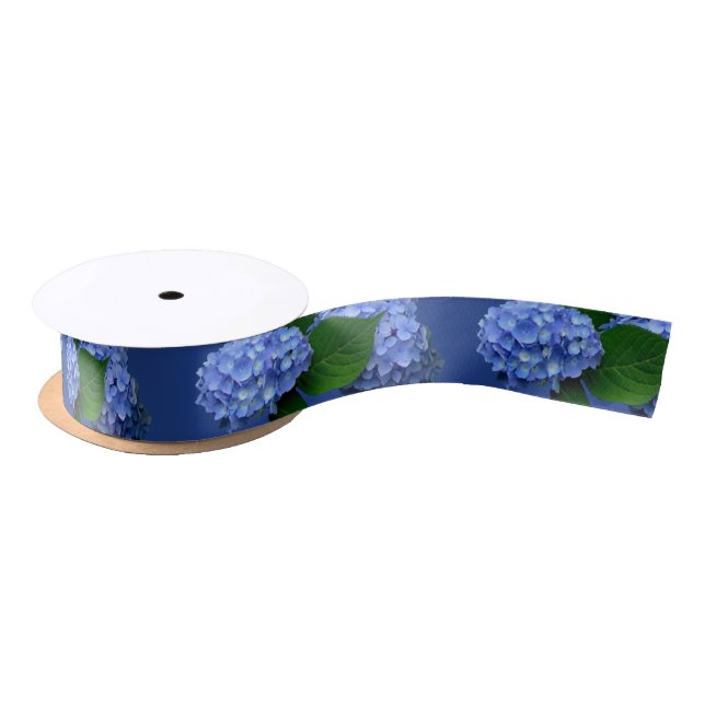 Blue Hydrangea Bloms Greenery Satin Ribbon Satinband (Spule)