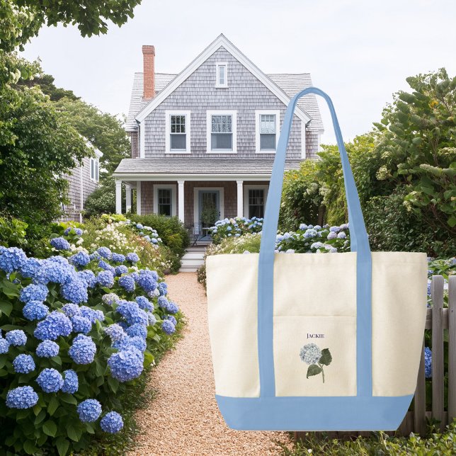 Blue Hydrangea Bloom Blume Kontrast Trim Boat Tragetasche (blue monogrammed contrast trim tote bag with blue hydrangeas)