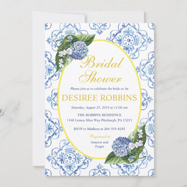 Blue Hydrangea Blue Tile Bridal Dusche Einladung (Vorderseite)
