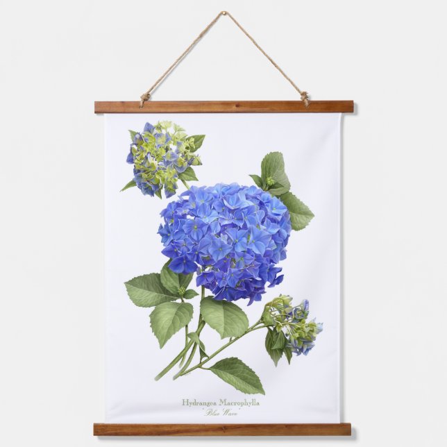 Blue Hydrangea "Blue Wave" Botanische Blumenkunst Wandteppich Mit Holzrahmen (Vorderseite)