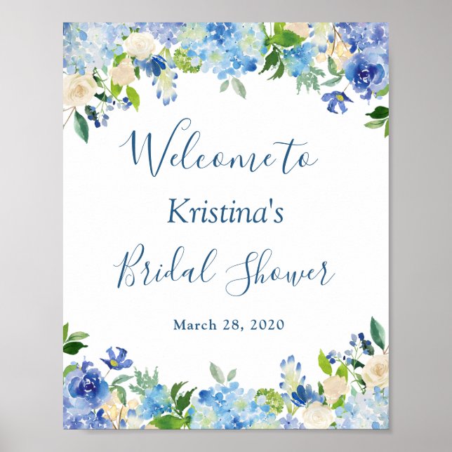 Blue Hydrangea Blues Chic Brautparty Sign Poster (Vorne)
