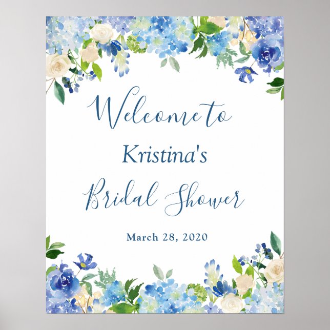 Blue Hydrangea Blues Chic Brautparty Sign Poster (Vorne)